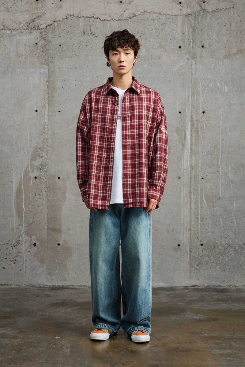 Crimson White Chequered Plaid Overshirt Detail view | Weezy
