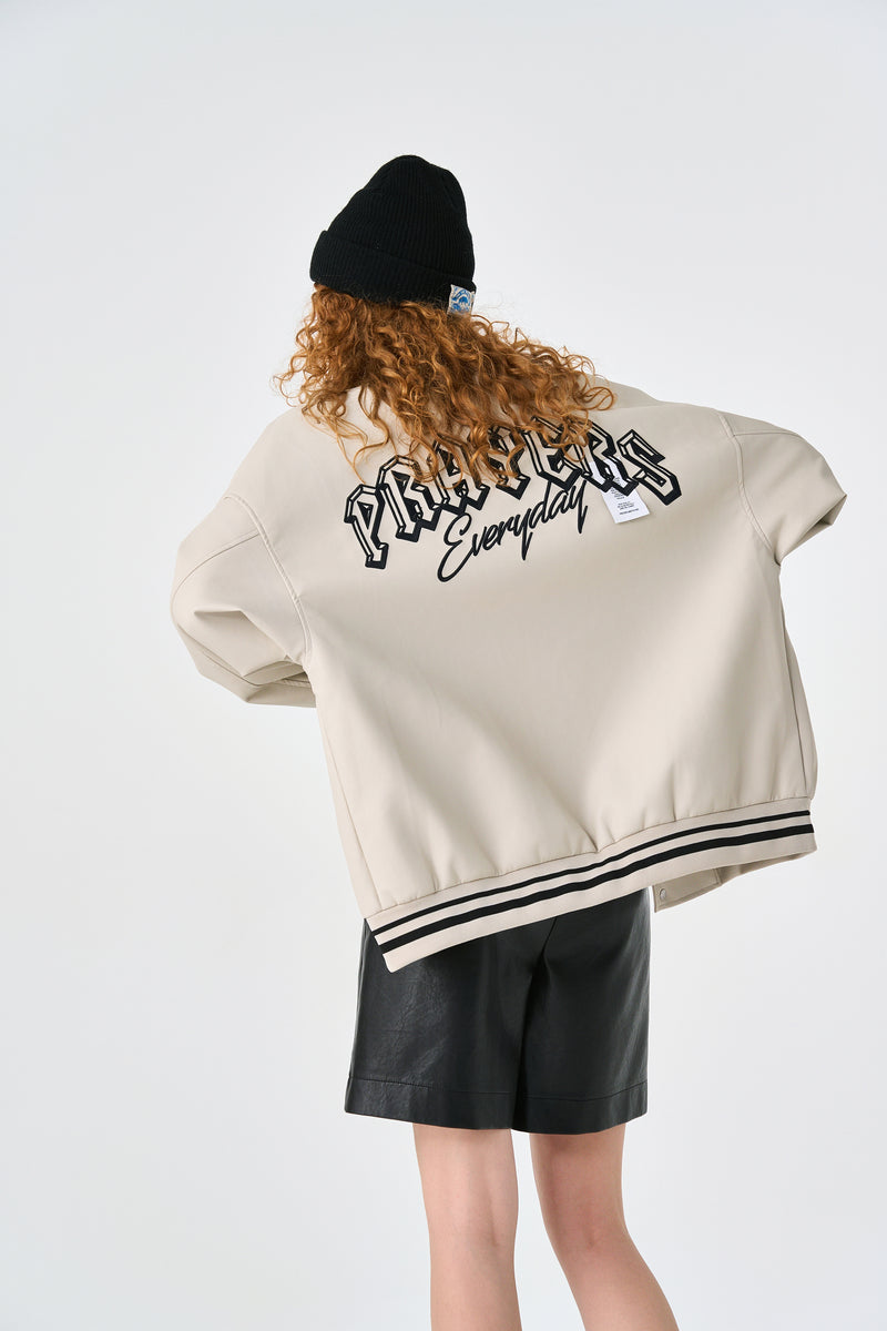 Cream Retro Rewind Leather Varsity Jacket Side view | Weezy