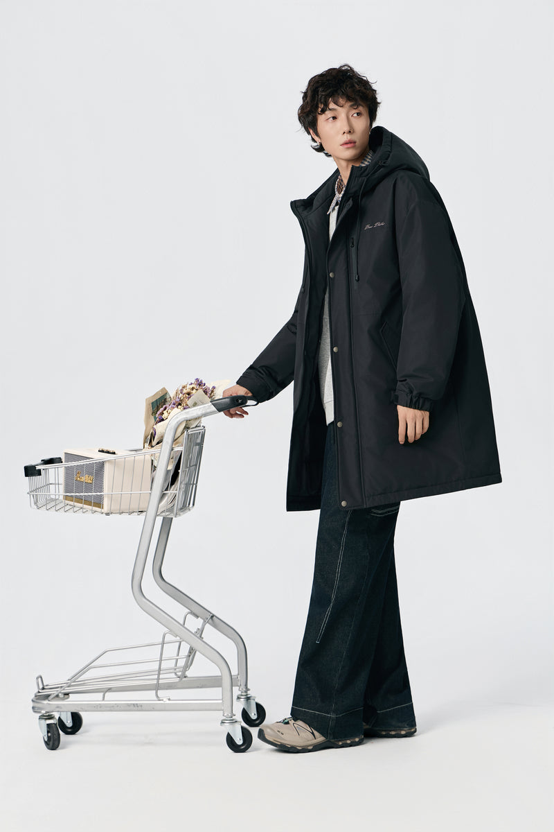 Jet Black Hooded Long Parka Side view | Weezy