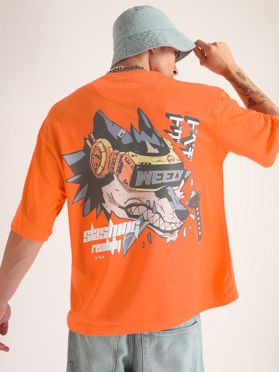 Neon Orange Slashing Reality Oversized T-Shirt Front view | Weezy
