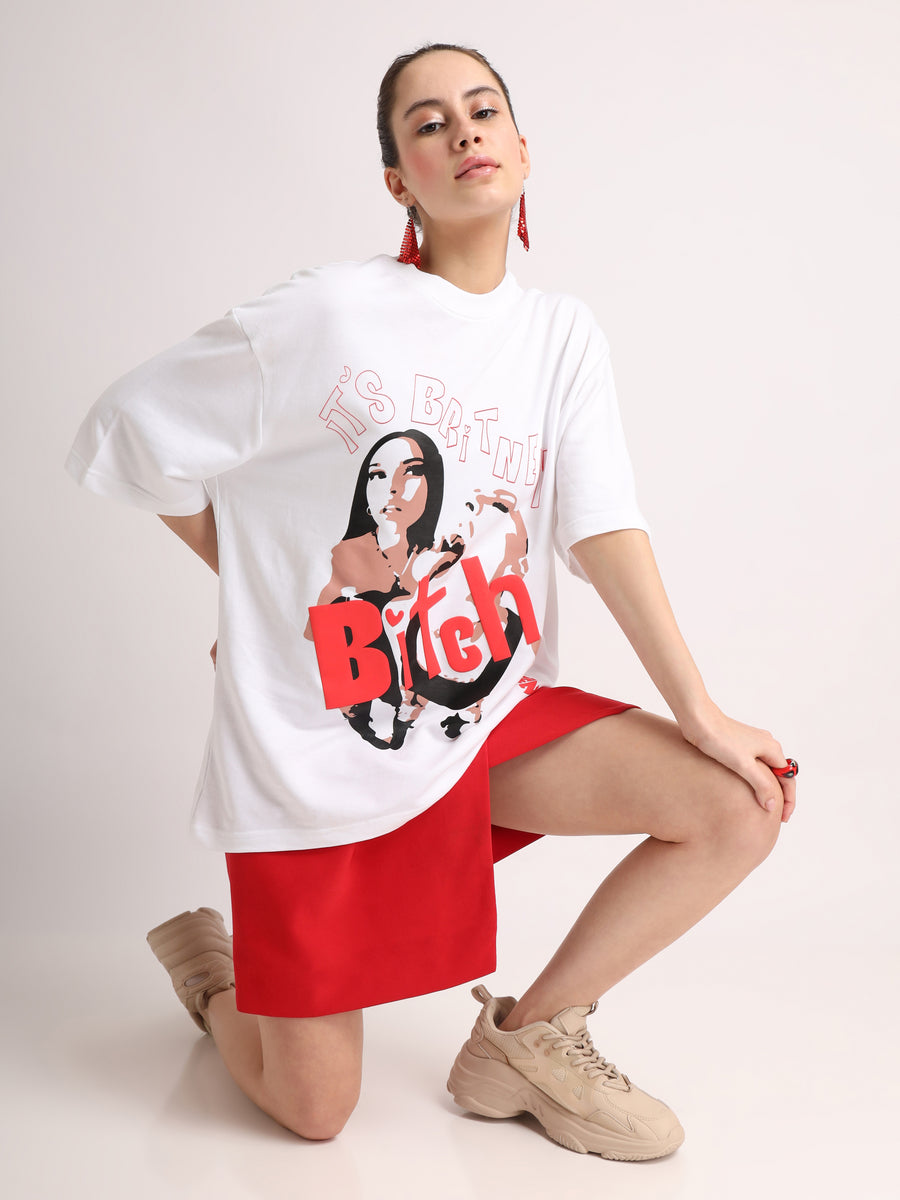 White Britney Bitch Oversized T-Shirt Side view | Weezy