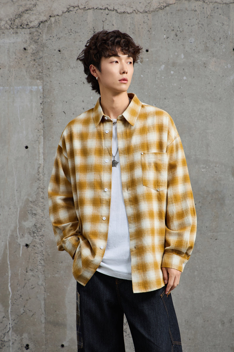 Mustard White Plaid Flannel Overshirt Side view | Weezy