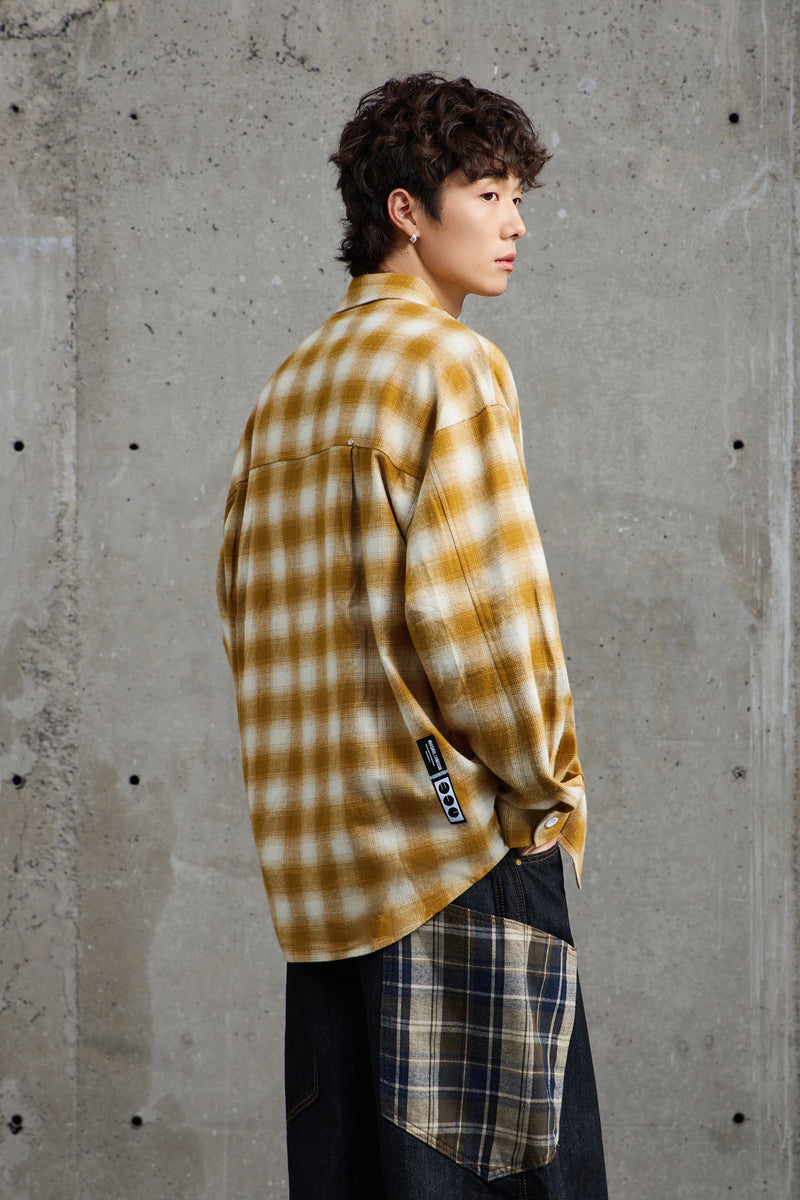 Mustard White Plaid Flannel Overshirt Detail view | Weezy
