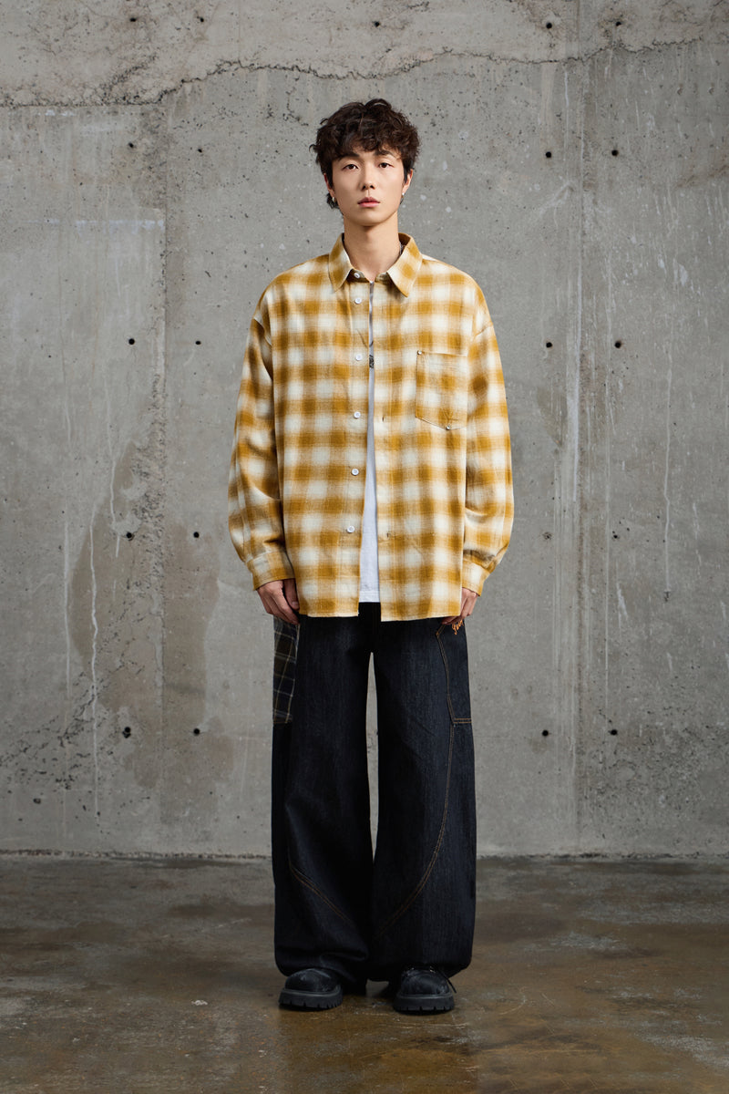Mustard White Plaid Flannel Overshirt Lifestyle view | Weezy