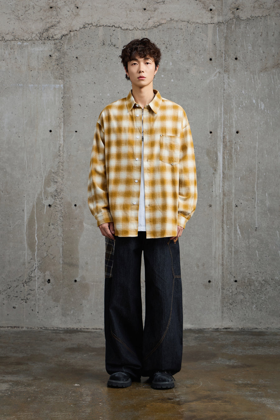 Mustard White Plaid Flannel Overshirt Lifestyle view | Weezy