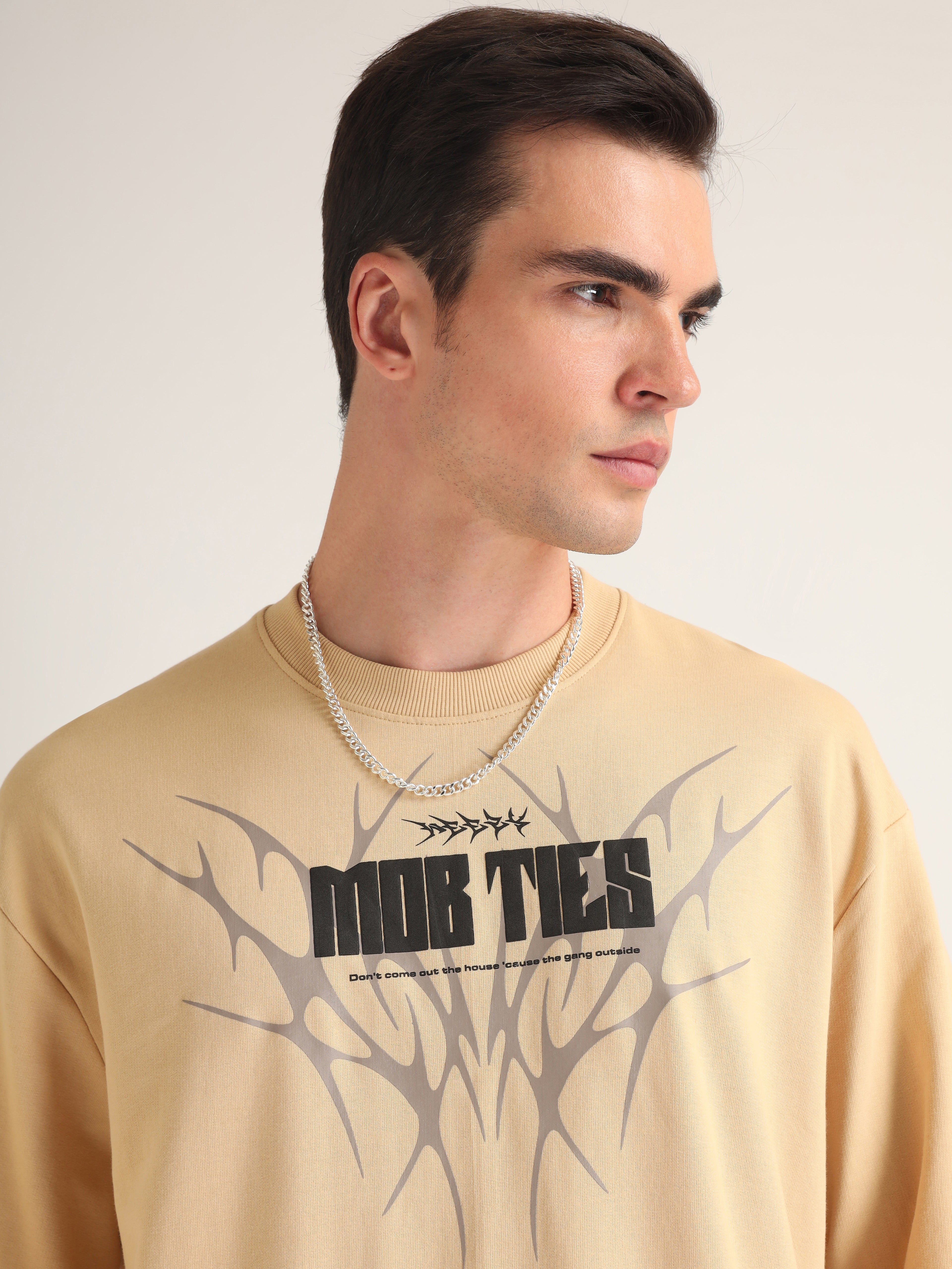 Beige Mob Ties Oversized T-Shirt