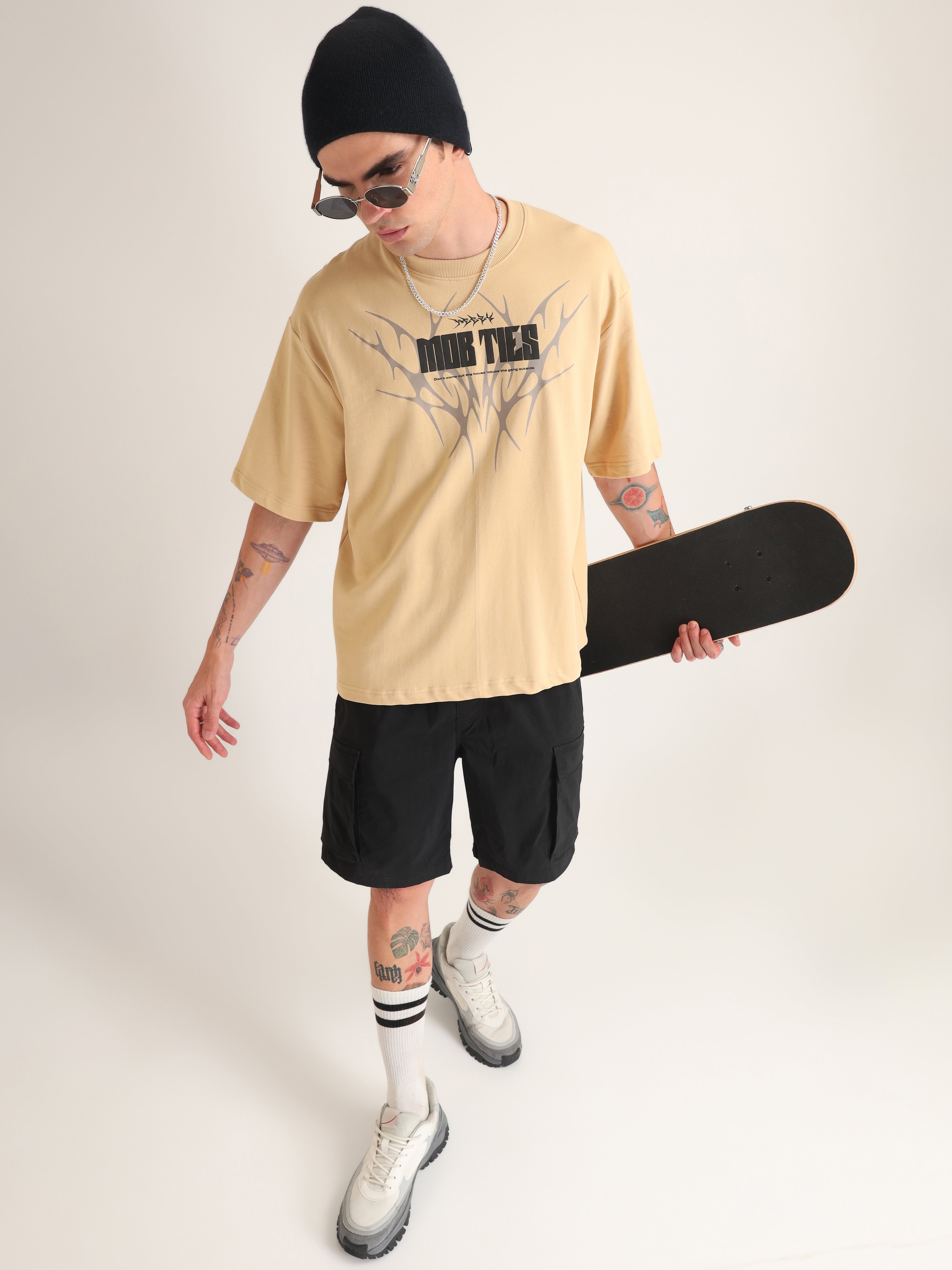 Beige Mob Ties Oversized T-Shirt
