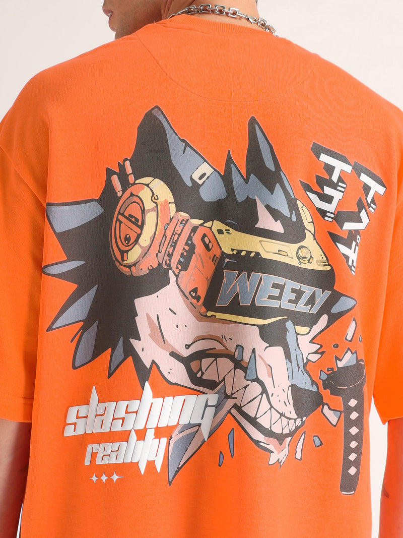 Neon Orange Slashing Reality Oversized T-Shirt Side view | Weezy