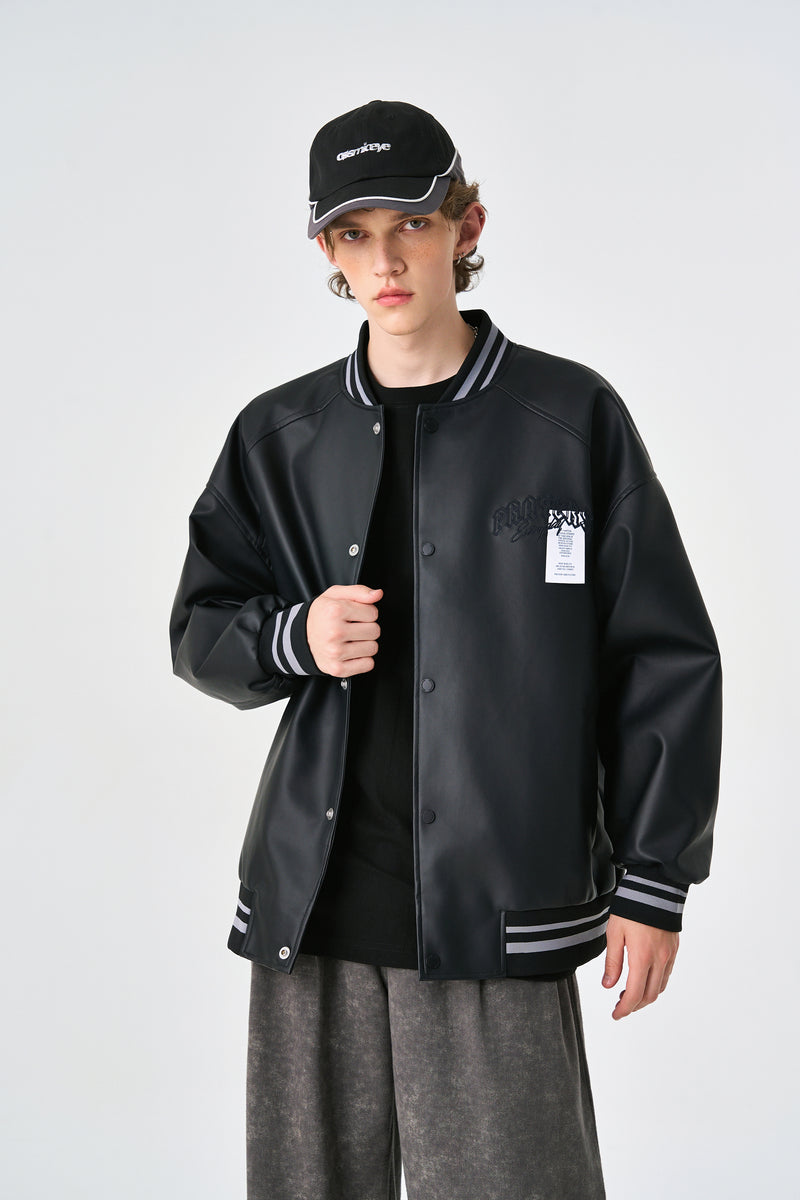 Black Retro Rewind Leather Varsity Jacket Back view | Weezy