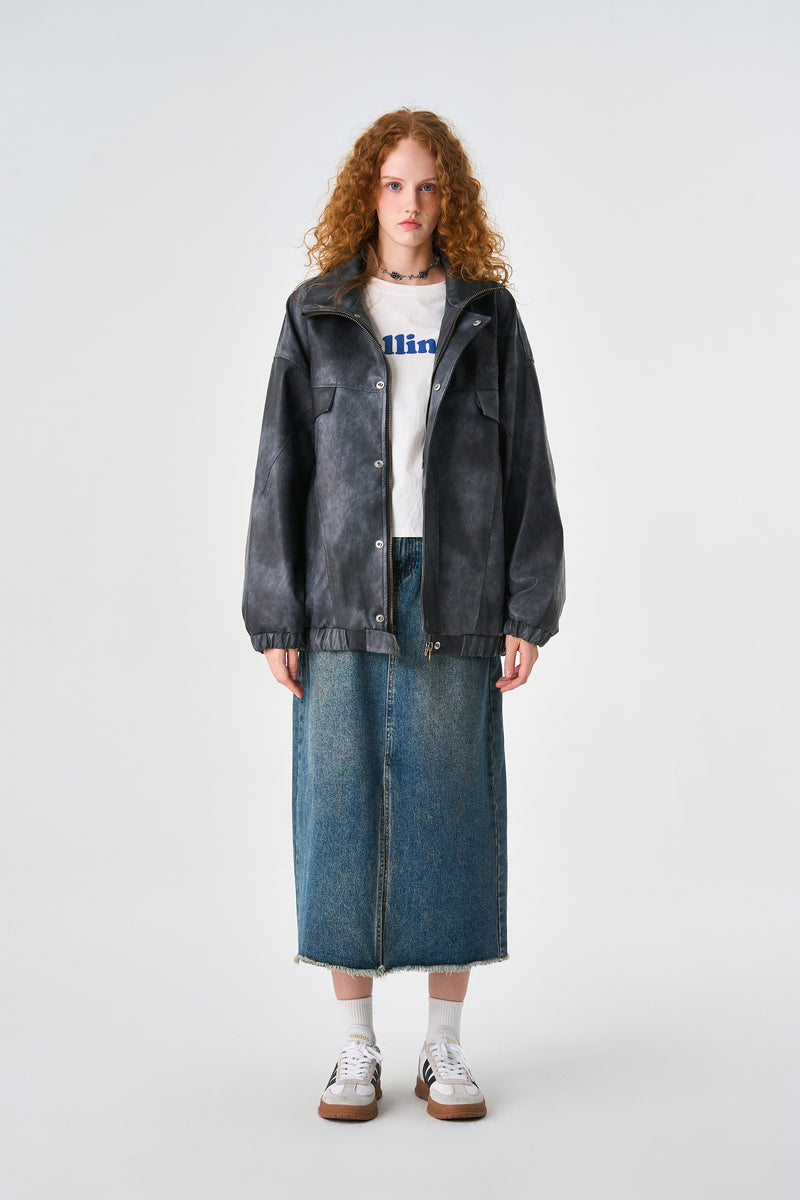 Acid Grey Oversized Bomber Leather Jacket Lifestyle view | Weezy