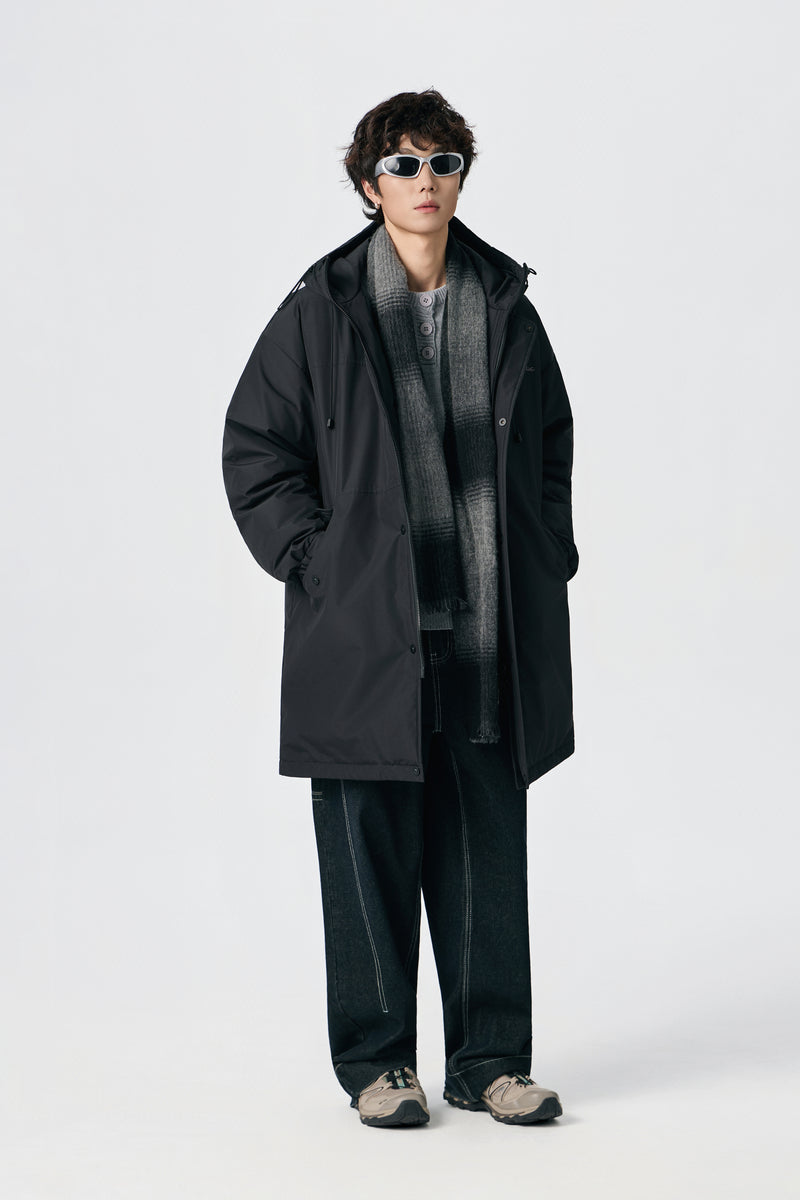 Jet Black Hooded Long Parka Lifestyle view | Weezy