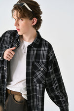 Black Chequered Plaid Utility Shacket Model view | Weezy