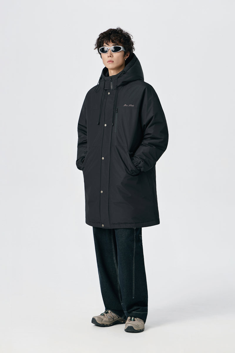 Jet Black Hooded Long Parka Model view | Weezy