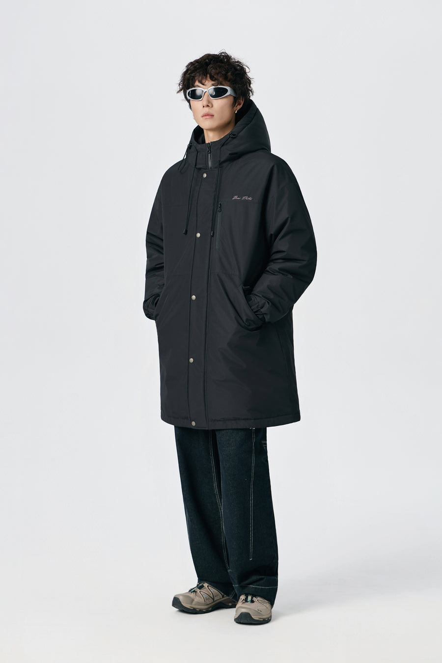 Jet Black Hooded Long Parka Model view | Weezy