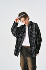 Black Chequered Plaid Utility Shacket Back view | Weezy