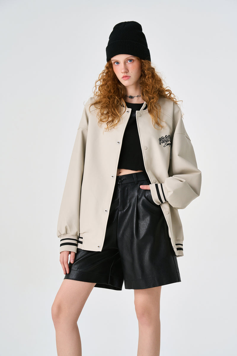 Cream Retro Rewind Leather Varsity Jacket Back view | Weezy