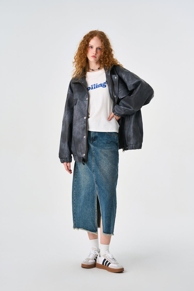 Acid Grey Oversized Bomber Leather Jacket Flat lay | Weezy
