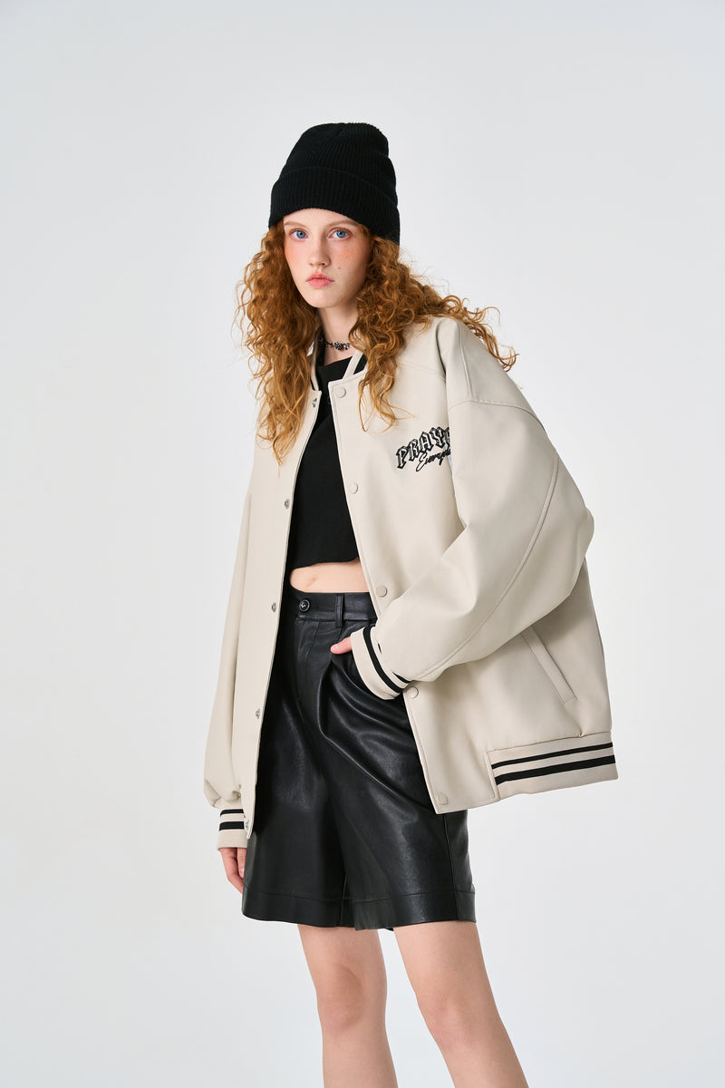 Cream Retro Rewind Leather Varsity Jacket Front view | Weezy