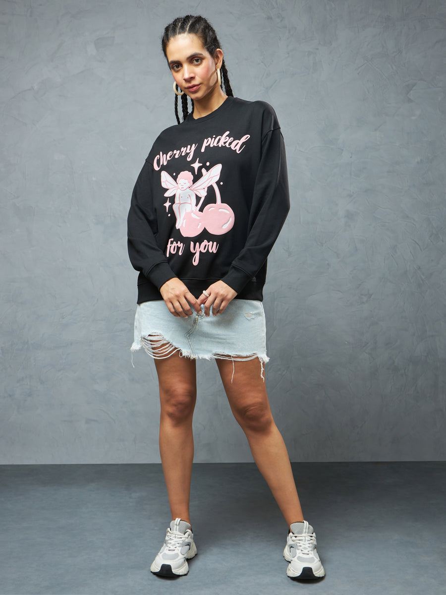 Jet Black Cherry Picked Sweatshirt Lifestyle view | Weezy