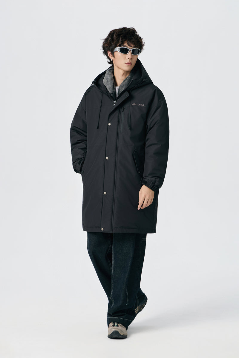 Jet Black Hooded Long Parka Flat lay | Weezy