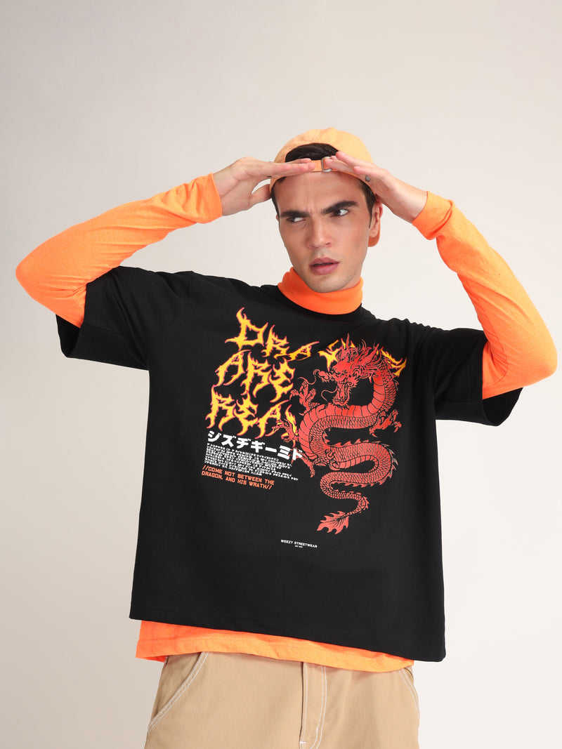 Jet Black Dragons Are Real Oversized T-Shirt Front view | Weezy