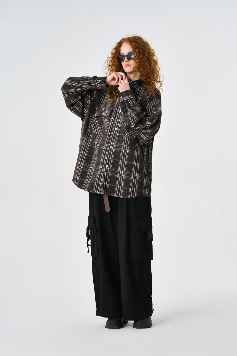 Brown Chequered Plaid Utility Shacket Model view | Weezy