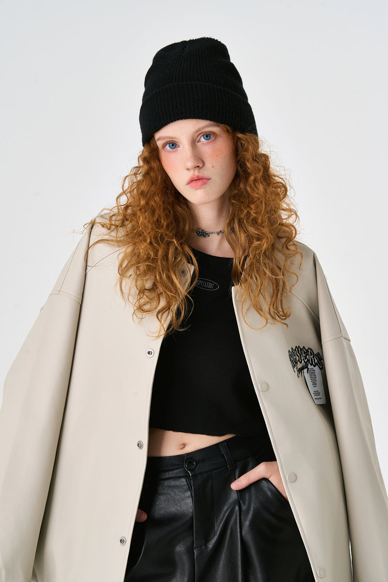 Cream Retro Rewind Leather Varsity Jacket Detail view | Weezy
