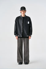 Black Retro Rewind Leather Varsity Jacket Model view | Weezy