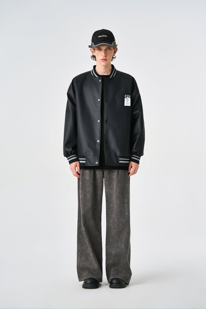 Black Retro Rewind Leather Varsity Jacket Model view | Weezy