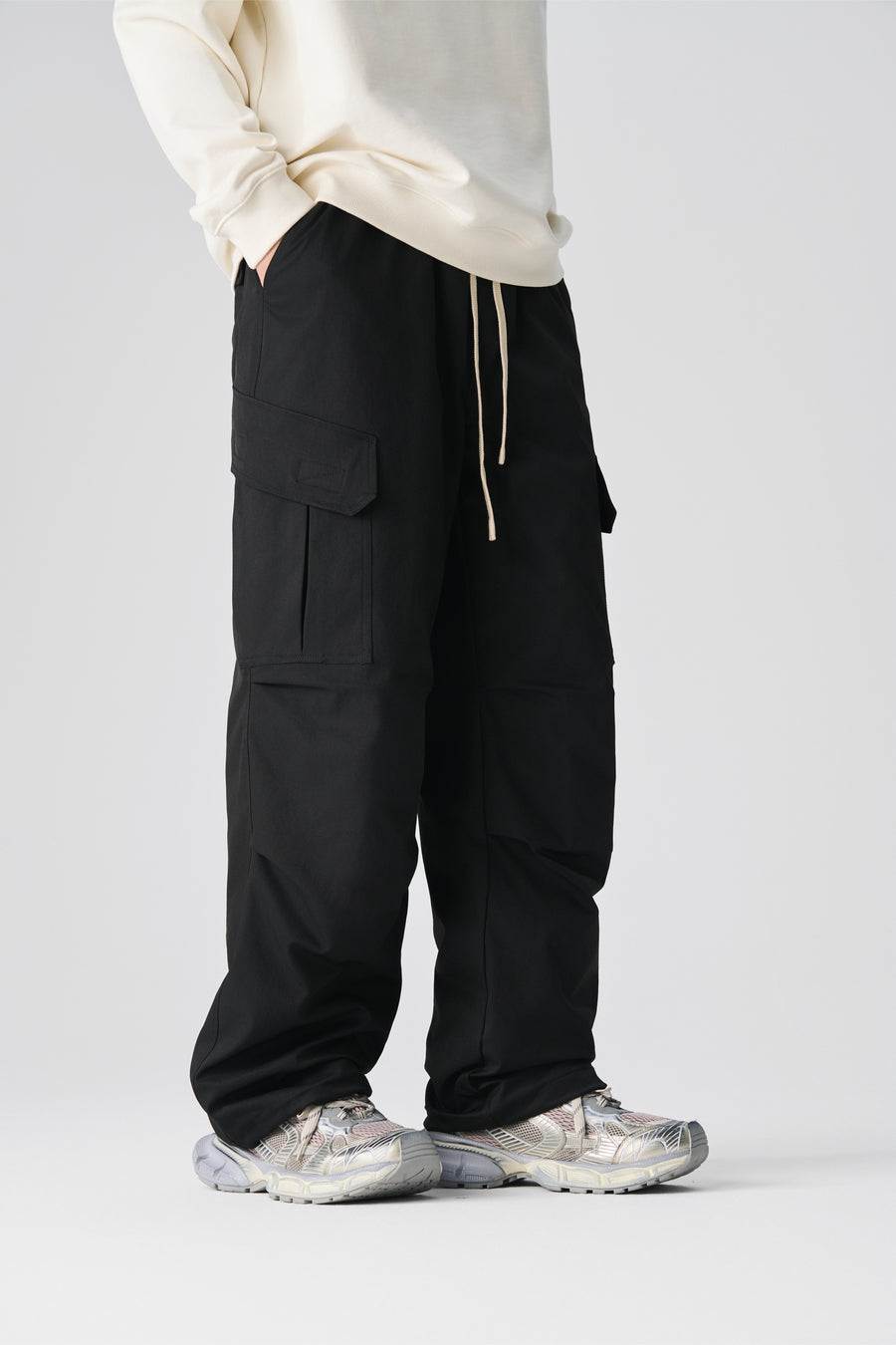 Jet Black Wide Leg Cargo Pants Front view | Weezy