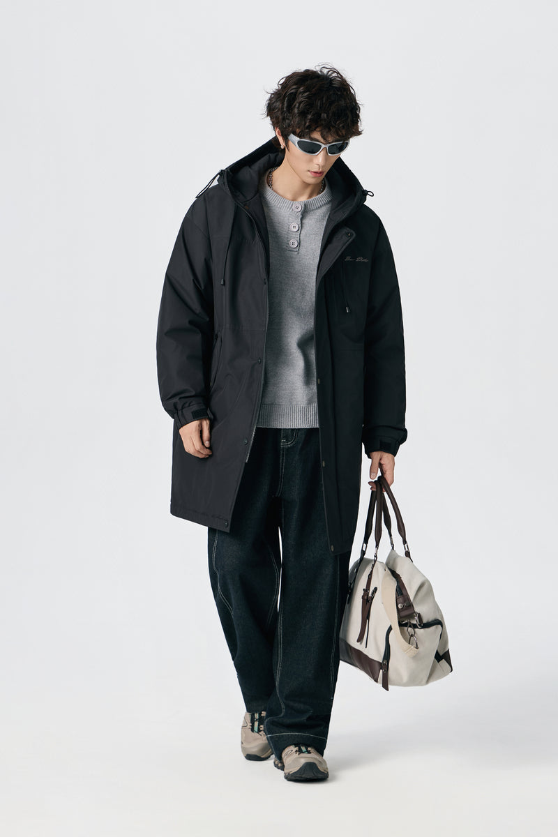 Jet Black Hooded Long Parka Close-up | Weezy