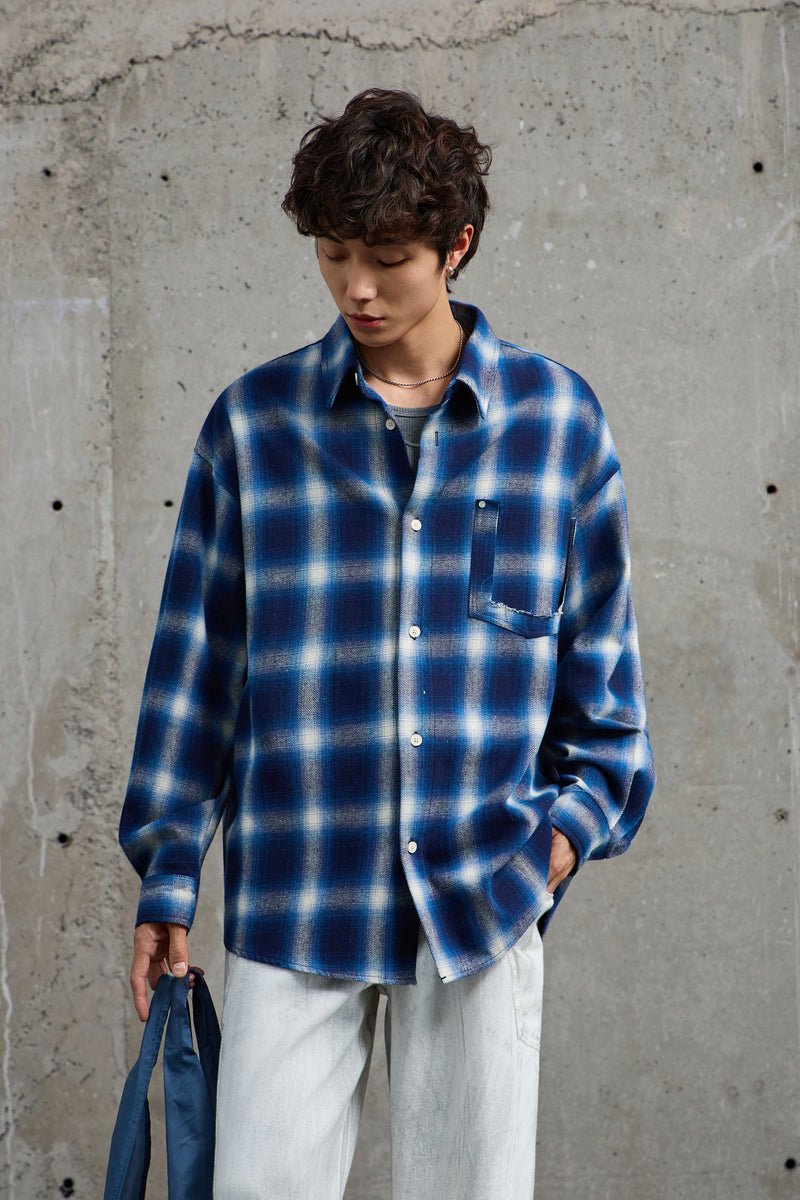 Indigo Checkered Flannel Overshirt Front view | Weezy