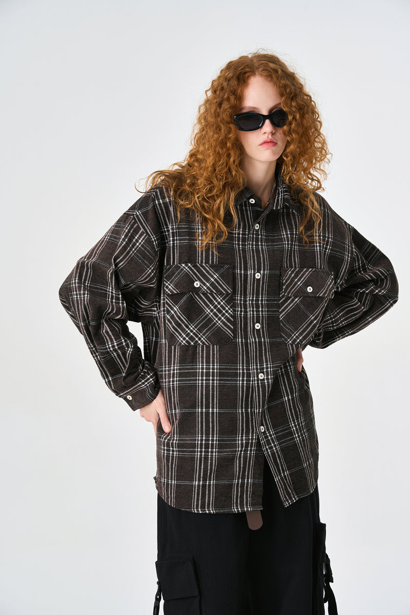 Brown Chequered Plaid Utility Shacket Back view | Weezy