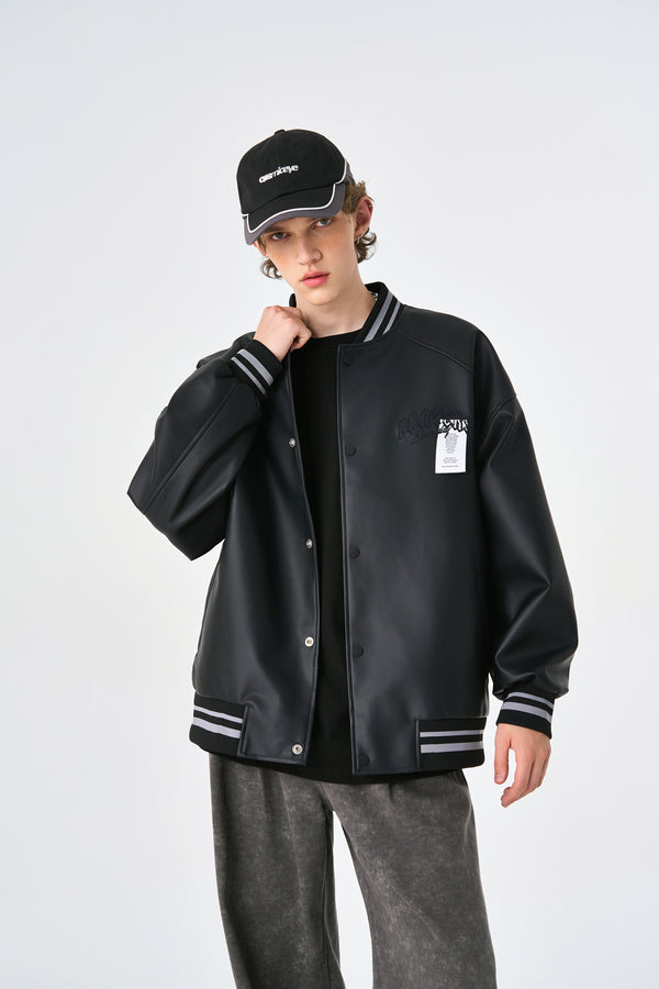 Black Retro Rewind Leather Varsity Jacket Front view | Weezy