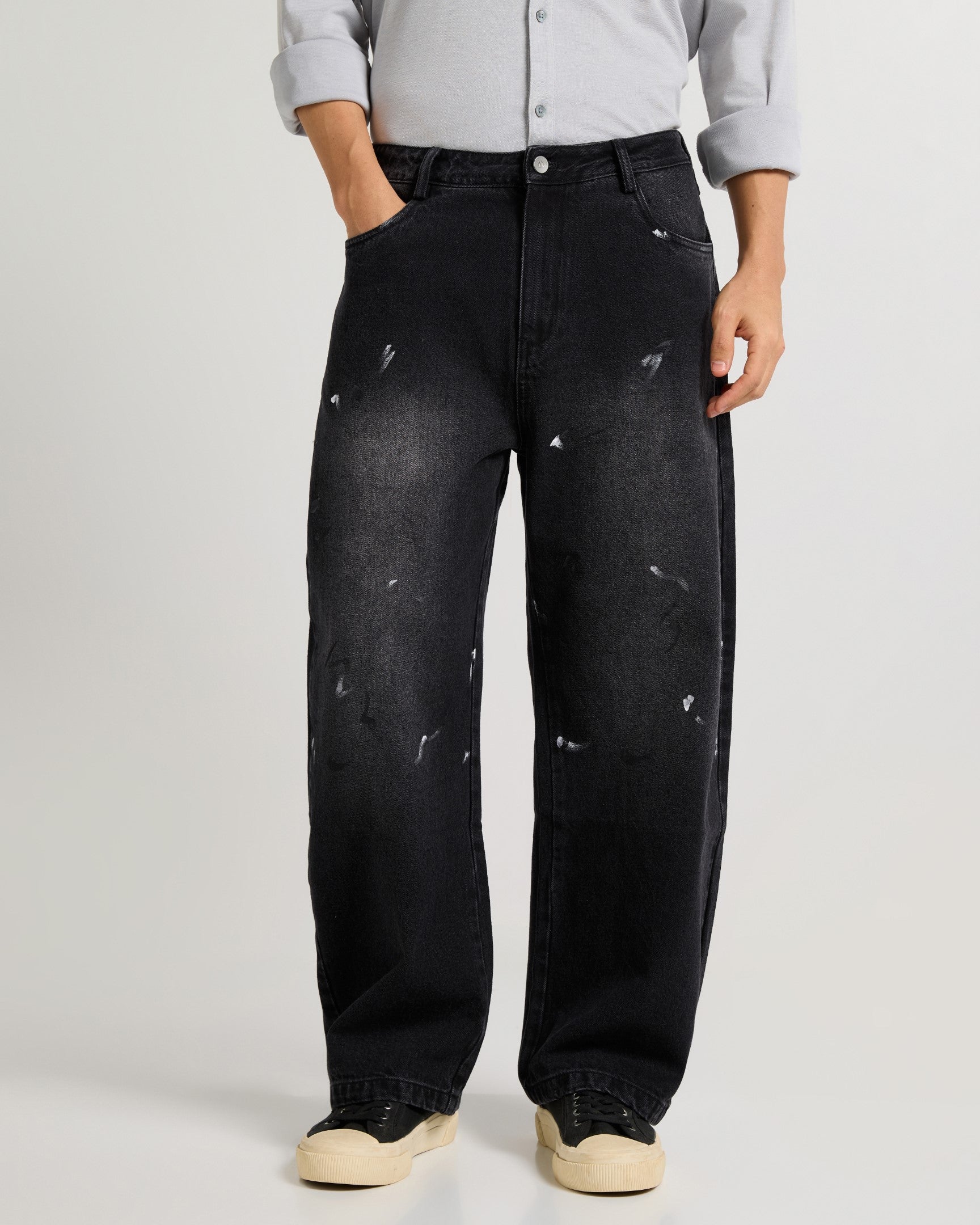 Monochrome Stroke Painted Baggy Fit Jeans