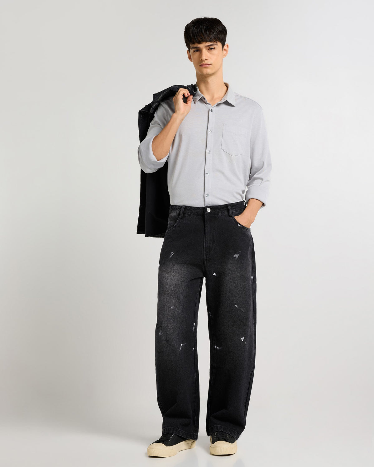 Monochrome Stroke Painted Baggy Fit Jeans