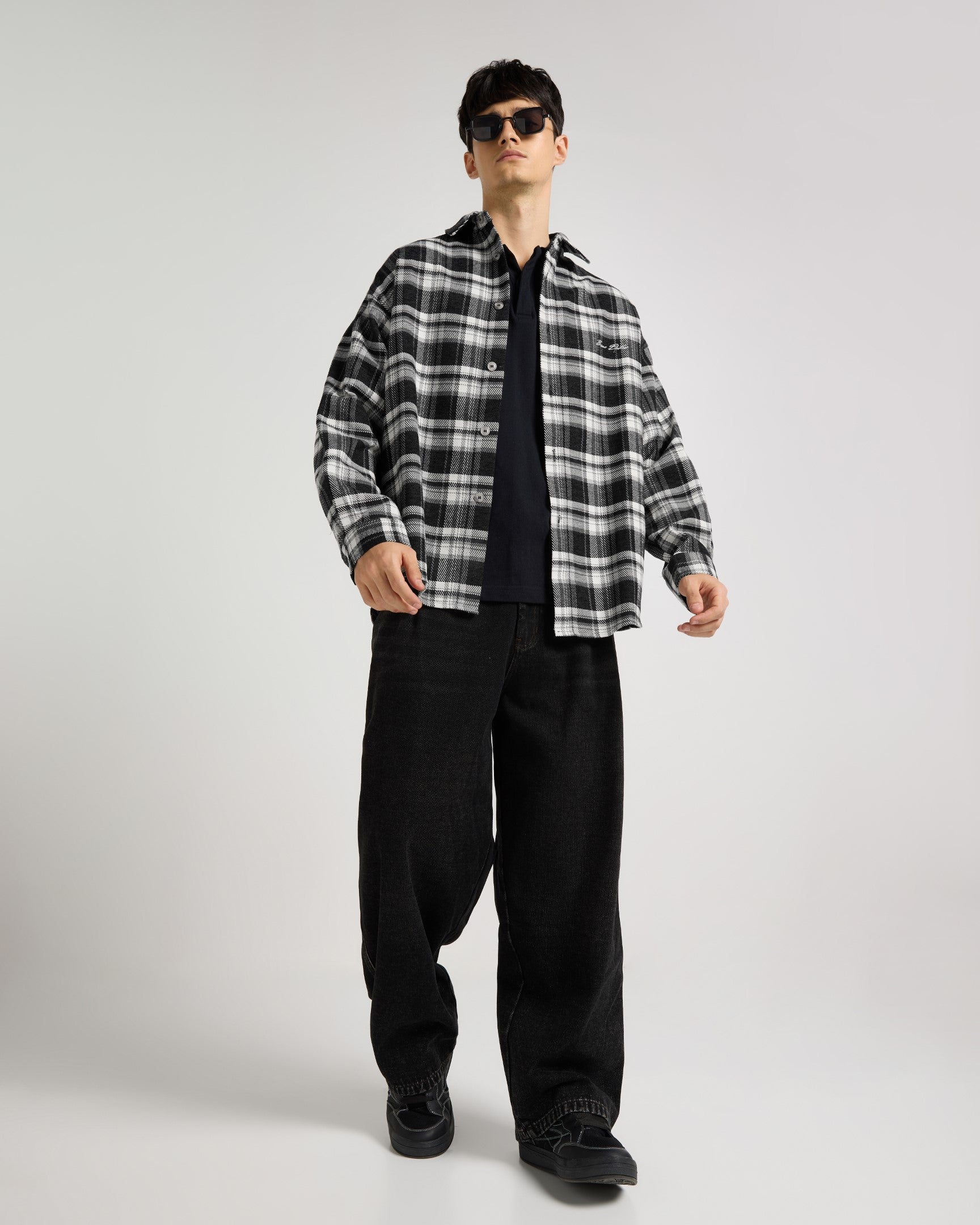 Embroidered Midnight Black Checkered Overshirt