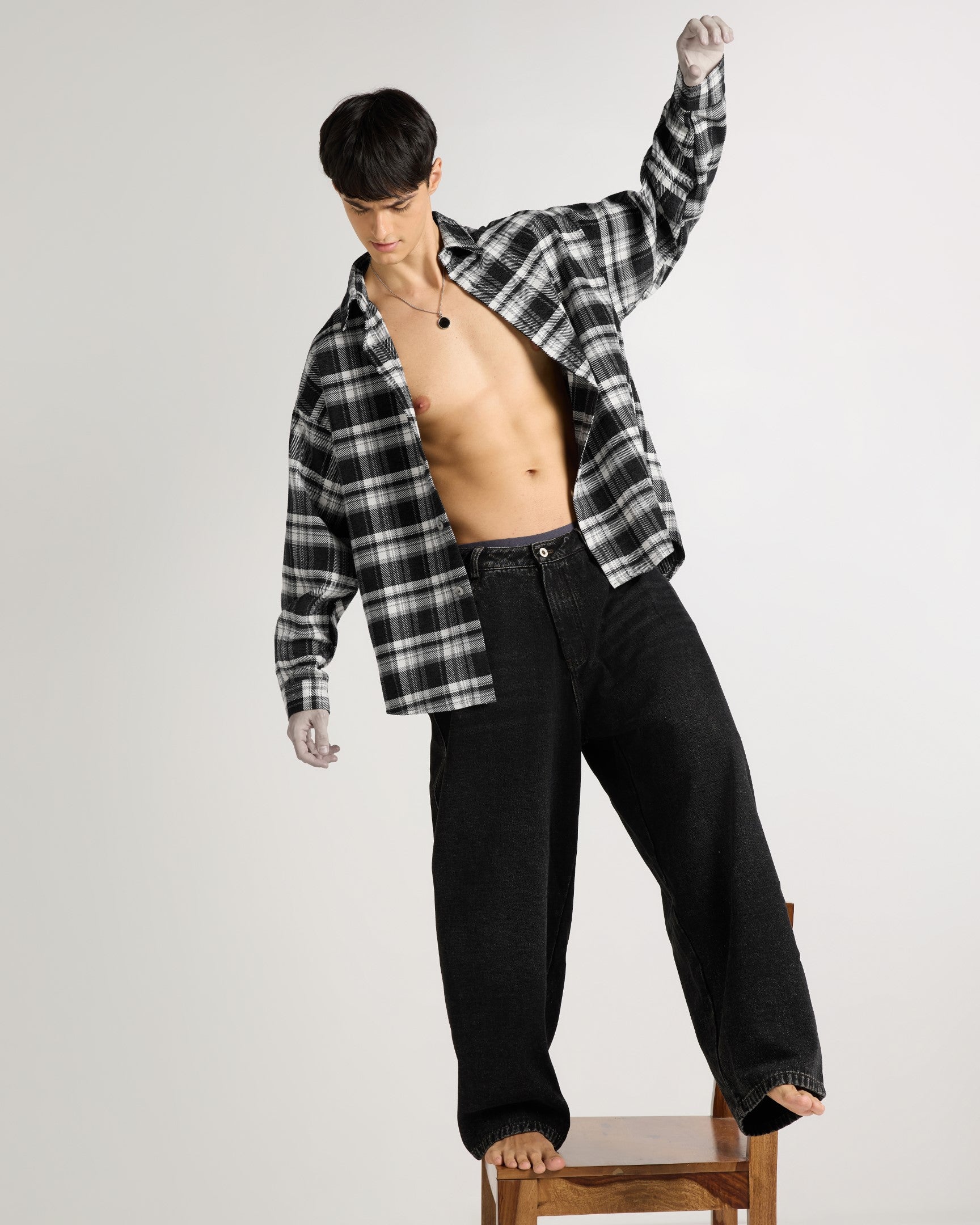Embroidered Midnight Black Checkered Overshirt