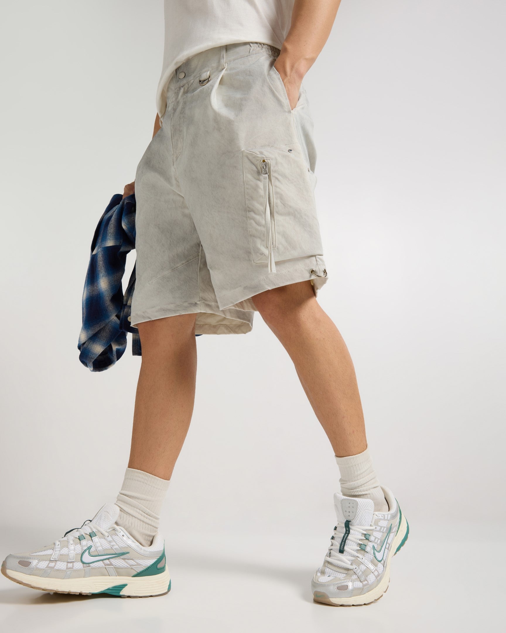 White Melange Utility Cargo Shorts