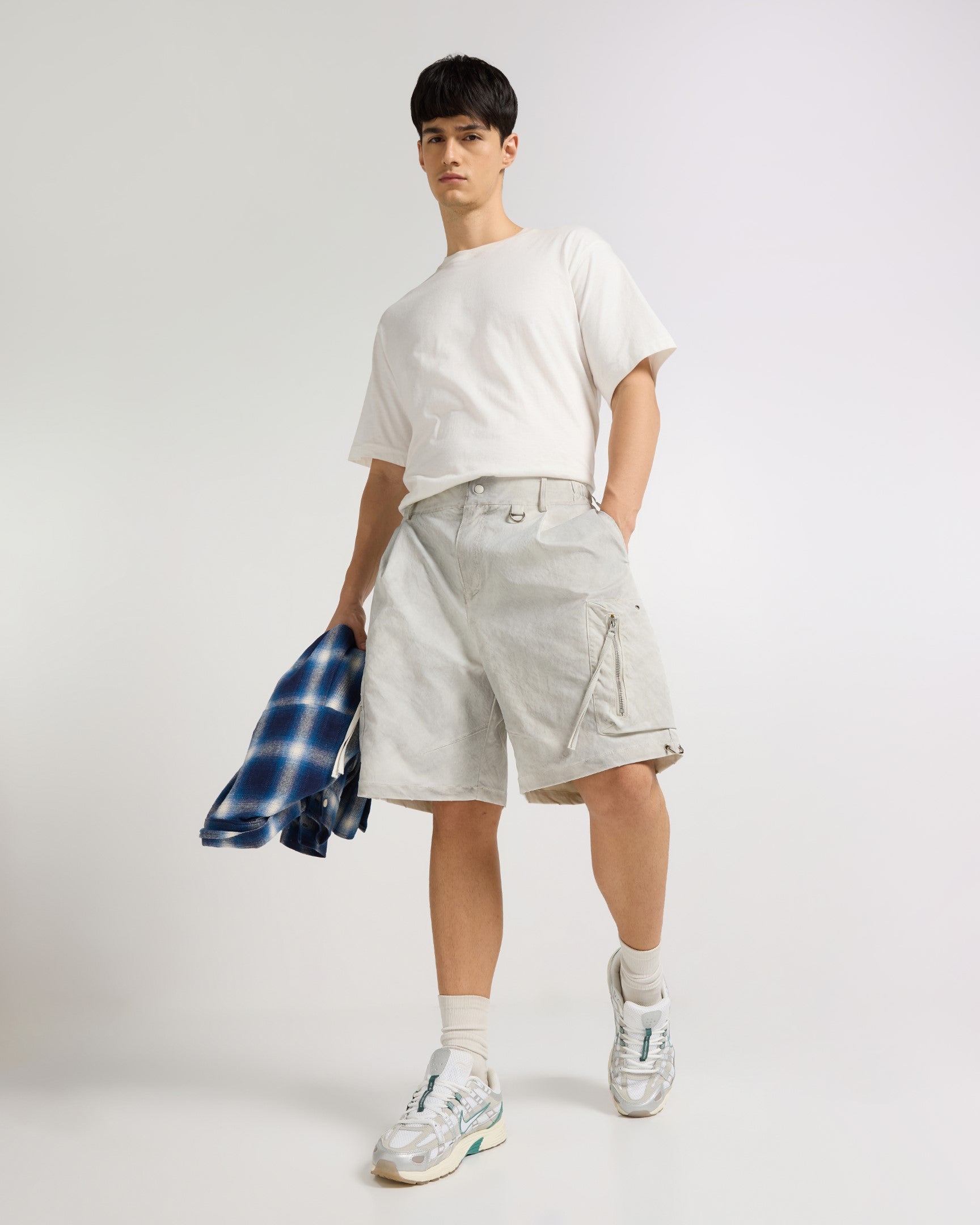 White Melange Utility Cargo Shorts