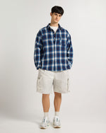 Indigo Checkered Flannel Overshirt Model view | Weezy