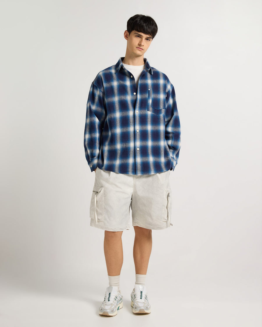 Indigo Checkered Flannel Overshirt Model view | Weezy