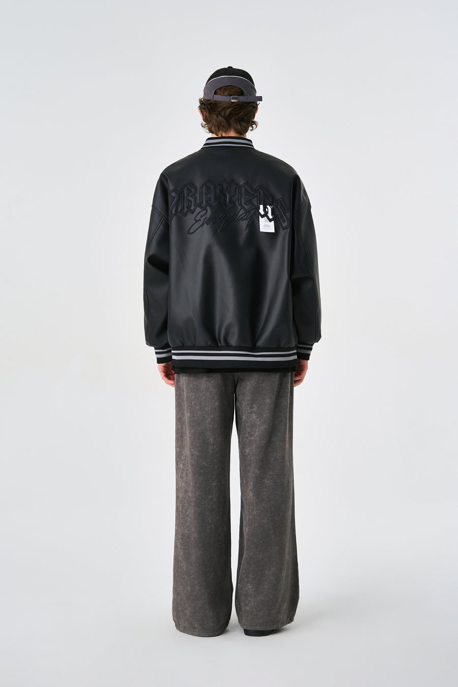 Black Retro Rewind Leather Varsity Jacket Side view | Weezy