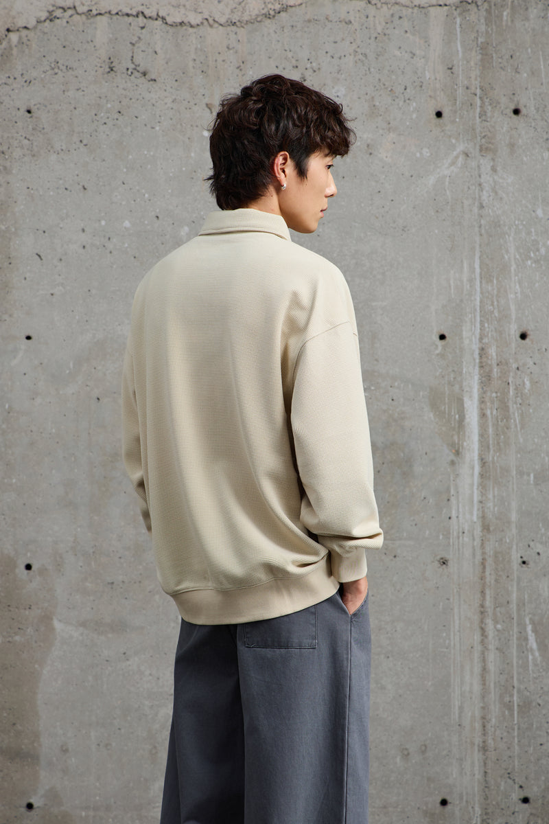 Cream Waffle Knit Collared Polo Detail view | Weezy