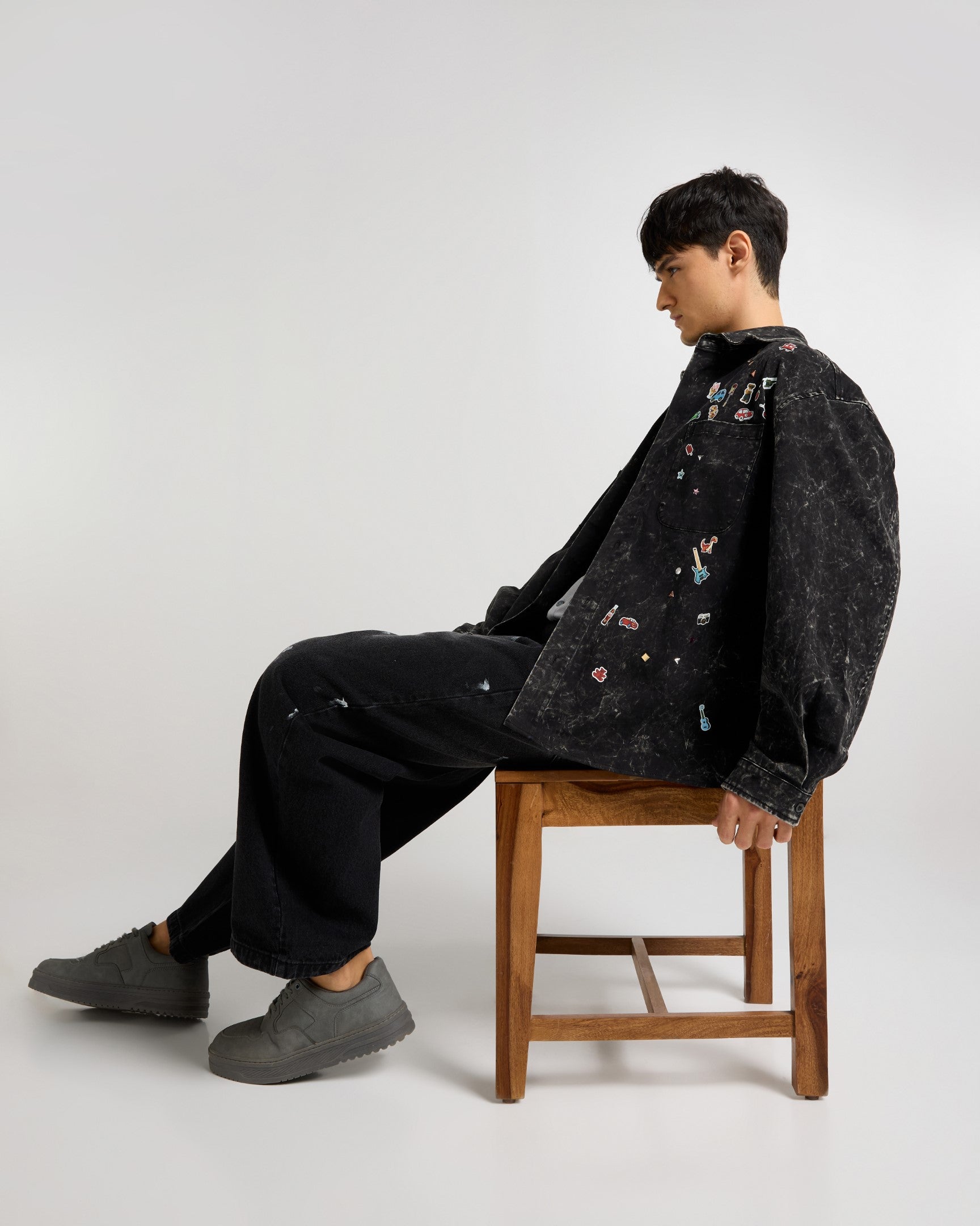 Embellished Acid Wash Black Shacket