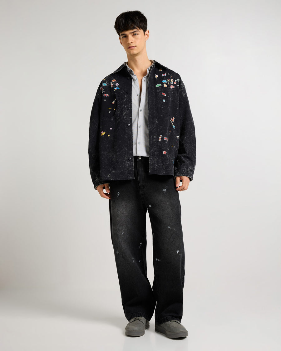 Embellished Acid Wash Black Shacket Model view | Weezy