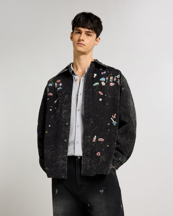 Embellished Acid Wash Black Shacket Front view | Weezy