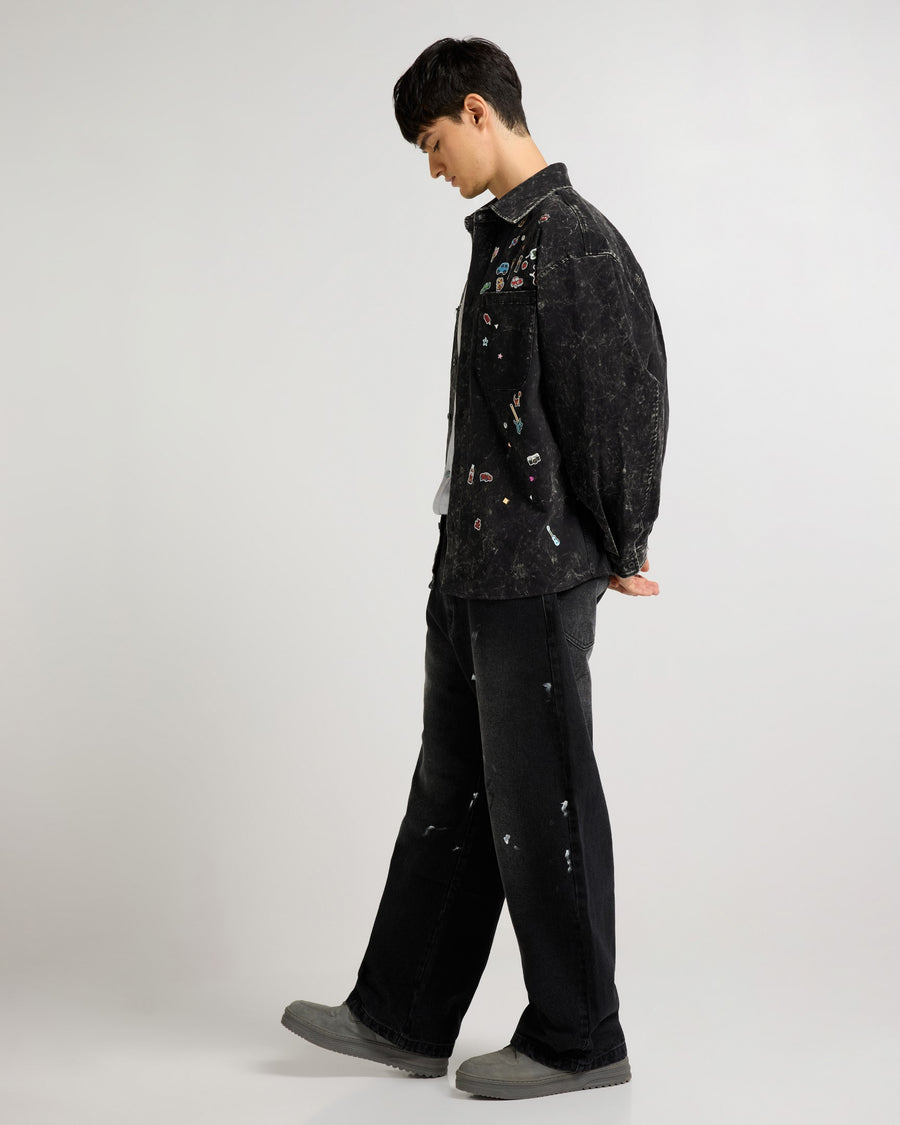 Embellished Acid Wash Black Shacket Close-up | Weezy