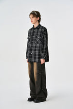 Black Chequered Plaid Utility Shacket Side view | Weezy