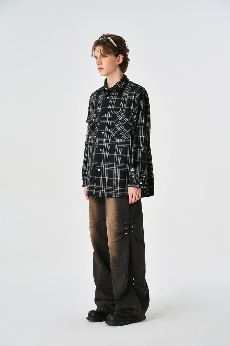 Black Chequered Plaid Utility Shacket Side view | Weezy